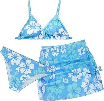 Seaur Girls Bikini Set Piece Swimsuit With Cover Up Tropical Floral Print Bathing Suit Cute