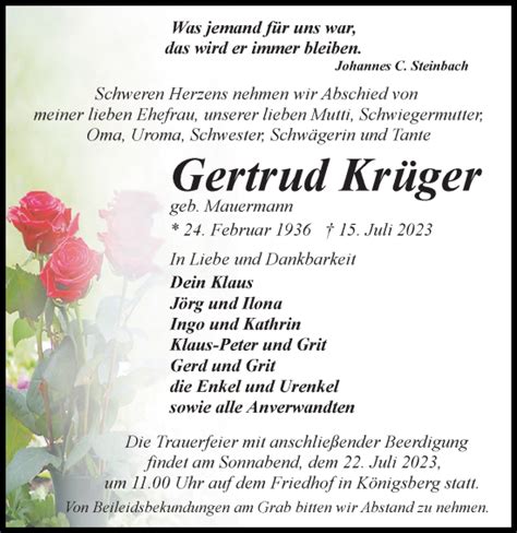 Traueranzeigen von Gertrud Krüger trauer anzeigen de