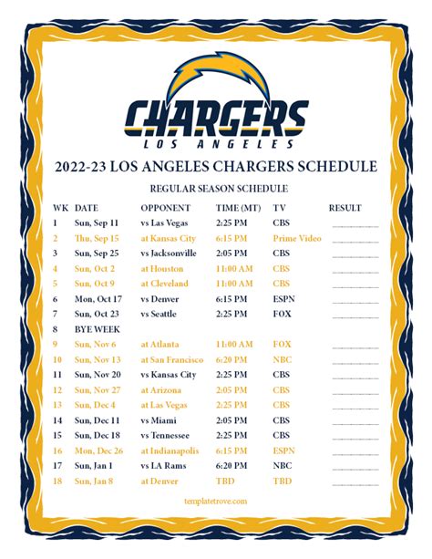 Printable 2022-2023 Los Angeles Chargers Schedule