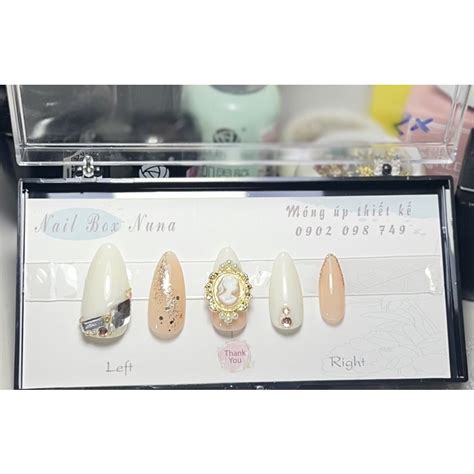 Nailbox Nuna mẫu C01 móng úp thiết kế nail cô dâu cô gái vàng đính đá khói trắng thạch nude cam