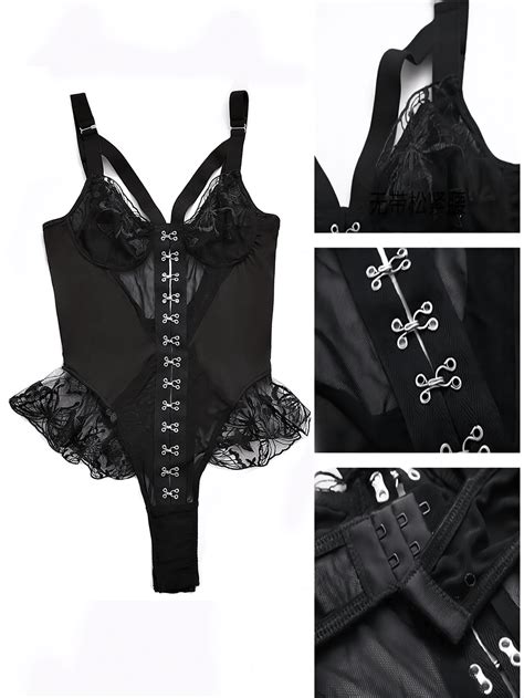 Gothic Style Semi Sheer Lace Backless Bodysuit Sexy Lingerie With Button Crotch SHEIN USA