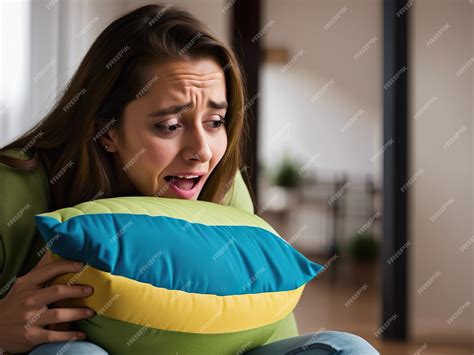 Premium Ai Image Portrait Of Scared Young Woman Hugging Pillow At