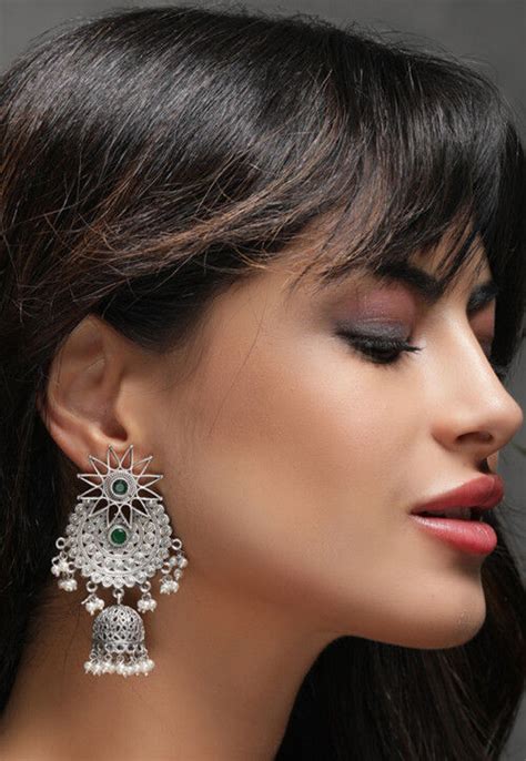 Buy Silver Look Alike Stone Studded Jhumka Style Earrings Online