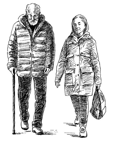 Desenho M O De Um Casal De Idosos Caminhando Ao Ar Livre Vetor Premium