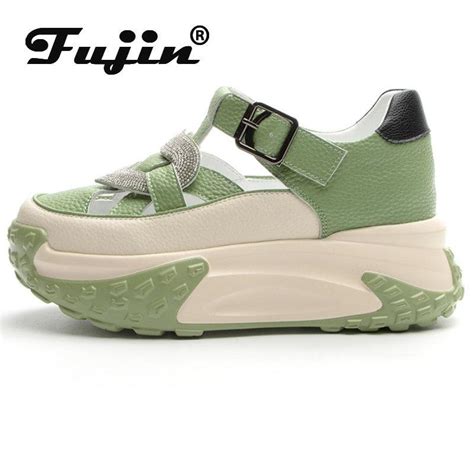 Fujin/7 см босоножки на танкетке со стразами, дышащие шлепанцы, летние ...