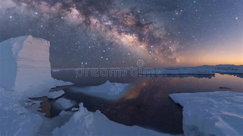 Tranquil Antarctic Plateau Starry Night Reflecting On Icy Surface Stock