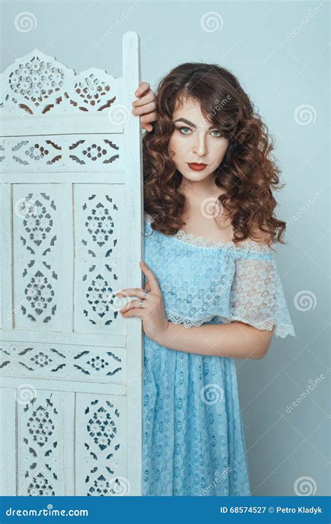 Chubby Brunette Looking From Behind The Screen Stock Image Image Of Luxuriant Fatty 68574527
