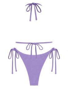 Zaful Textured Ribbed String Bikini Set In Mauve Zaful