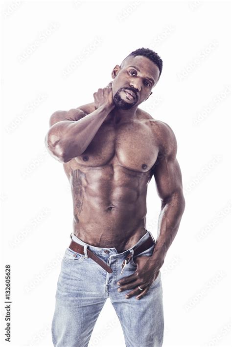 African American Bodybuilder Man Naked Muscular Torso Wearing Jeans Isolated On White