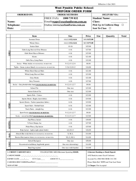 Fillable Online West Pymble Public School UNIFORM ORDER FORM Fax Email ...