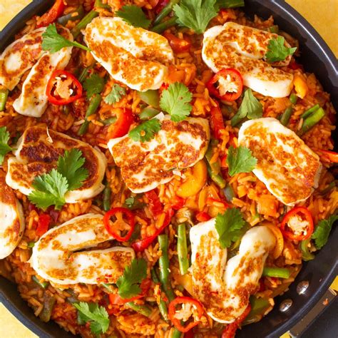 Spicy Tomato Rice Topped With Halloumi And Coriander Beat The Budget