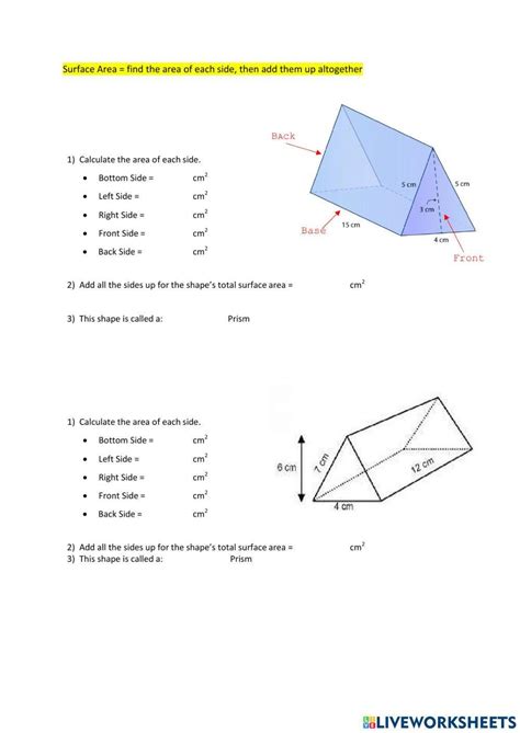 Surface Area of Triangular and Pentagonal Prism worksheet | Live ...