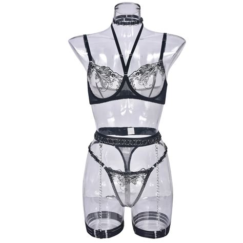 Fancy Lingerie Sexy Lace Sensual Underwear Uncensored Transparent Bra Garter 4 Piece Luxury