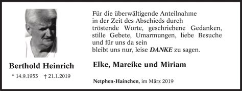 Traueranzeigen Von Berthold Heinrich Trauer In NRW De