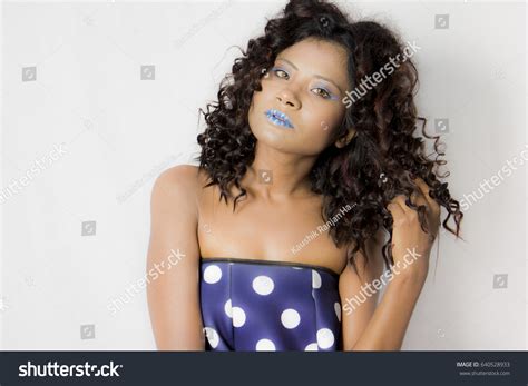 Brunette Blue White Polka Dotted Dress Stock Photo Edit Now