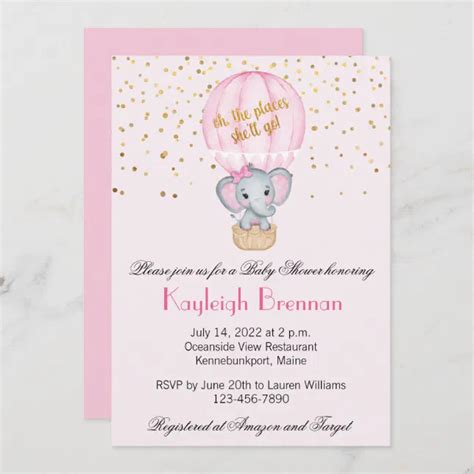 Hot Air Balloon Baby Girl Elephant Baby Shower Invitation Zazzle