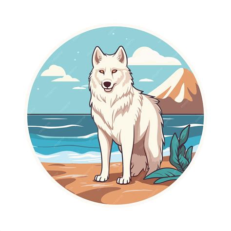 Loup Arctique Mignon Dessin Animé Drôle Kawaii Aquarelle Colorée Plage