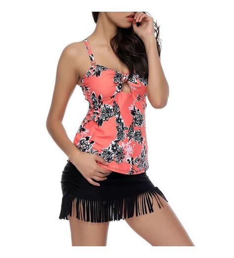 Women S Double Up Floral Printed Swimsuits Two Pieces V Neck Tankini Bikini Set Orange Floral