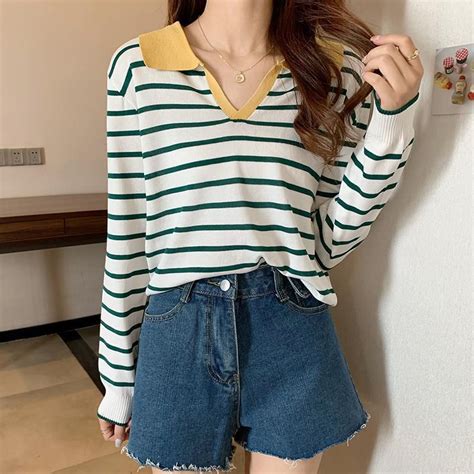 Jual LINGERIE MASTER T Knitwear Sweater Crop Rajut Sweater Bergaris Baju Rajut Import