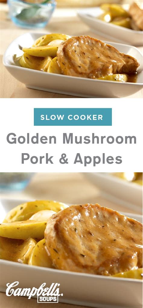 two plates with food on them and the words slow cooker golden mushroom pork & apples