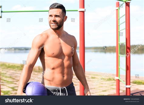 Handsome Sportsman Naked Torso Resting While Stock Photo