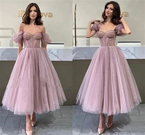 Off Shoulder Corset Tulle Ankle Length Prom Dress Tea Length Formal