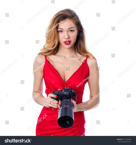 Happy Blonde Photographer Woman Sexy Red Stock Photo 1275329005 Shutterstock