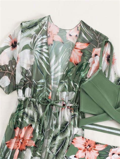 Conjunto de Maiô Bikini Estampa Tropical e Cruzado para Meninas Tweens Quimono para