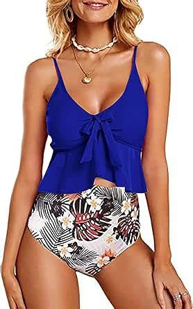 Amazon Rooscier Women S Floral Print Pcs Bikini Tankini Set Peplum Ruffle High Waisted