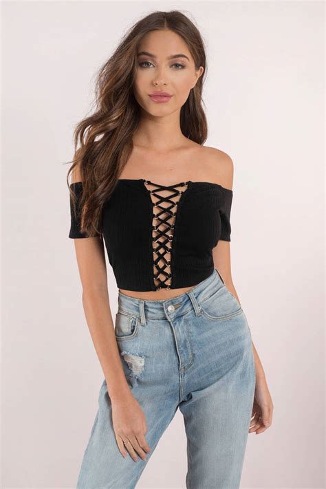 Cute Black Crop Top - Lace Up Crop Top - Off Shoulder Top - $23 | Tobi US 
