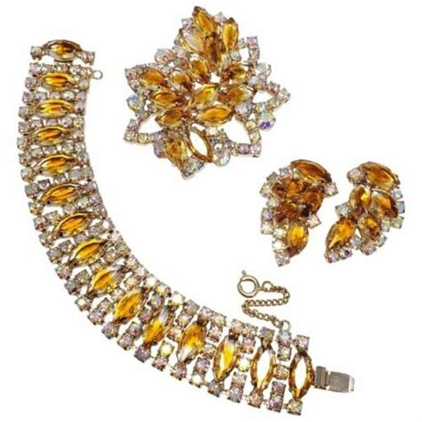 Vintage Demi Parure Aurora Borealis And Amber Crystals Earrings Bracelet Necklace Ebay