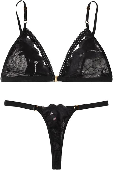 Womens Sexy Lace Unwired Bra Thong Three Point Lingerie Set Womens Sexy Lingerie Black XXXL