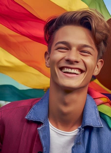 Premium AI Image A Beautiful Happy Gay Couple With Rainbow Colors In A Flower Field LGBTQ