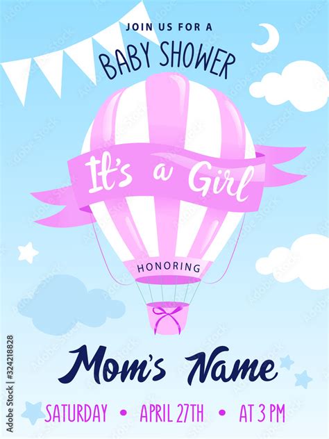 Baby Shower Concept Hot Air Balloon With Decorations And Place For Text Girl Baby Shower Or