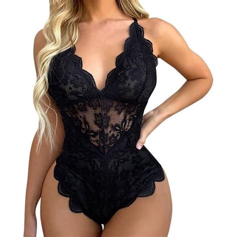 Combinaison Dos Nu en Dentelle Lingerie Culotte Nuisette sous Vêtements Femmes Noir Noir