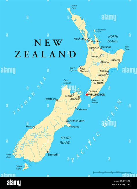 New Zealand Political Map with capital Wellington, national borders ...