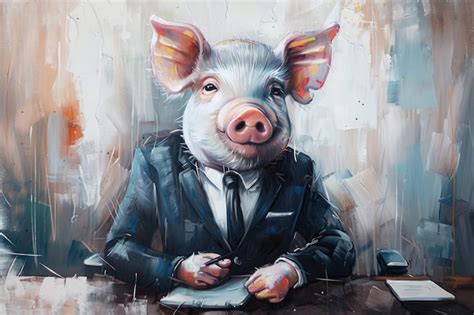 Premium Photo A Whimsical Painting Featuring A Pig Dressed In A Suit