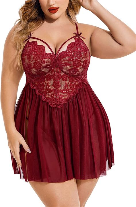 Avidlove Night Gowns Plus Size Lingerie Lace Babydoll V Neck Mesh Sleepwear With Side Slit Dark
