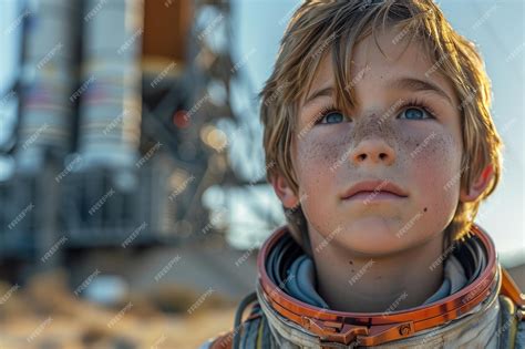 Premium Photo A Boy In Space Suit Look At The Space Rocket Launch