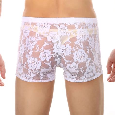CLEVER MENMODE Men S Sexy Sheer Boxers Lace Transparent Crop Shorts Breathable Erotic Lingerie
