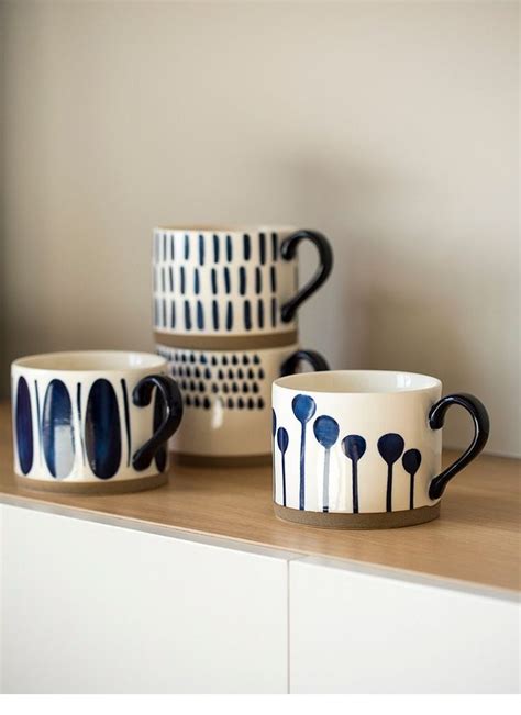 Creative Handpainted Mugs And Cups White And Blue 500 Ml Ceramic Cafe