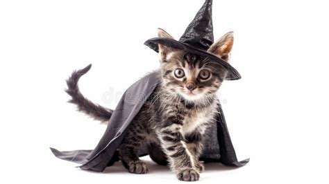 A Small Tabby Kitten Dressed In A Black Witch Costume And Hat Stock