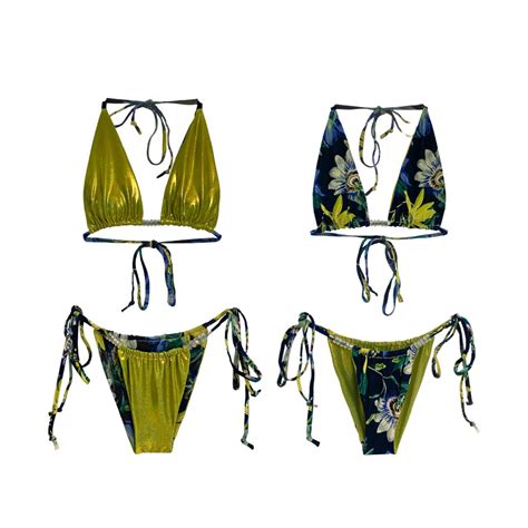 Sica Reversible Sliding String Bikini Set Lemon Lime Etsy