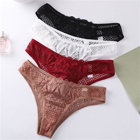 4 Pack Lot Sexy Womens Lace Thong Panties See Through Mesh G String Bikini Brief EBay