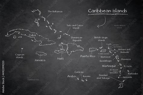 Caribbean islands with names, design card blackboard chalkboard vector ...