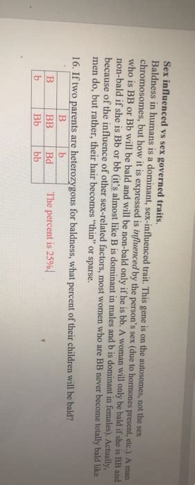 Solved Sex Influenced Vs Sex Governed Traits Baldness In Chegg