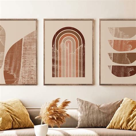 Boho Wall Art Set Mid Century Art Print Set Of 3 Abstract Etsy