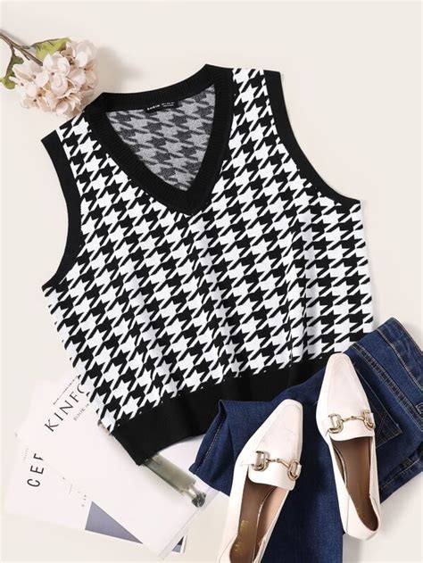 V Neck Houndstooth Pattern Sweater Vest Shein Usa