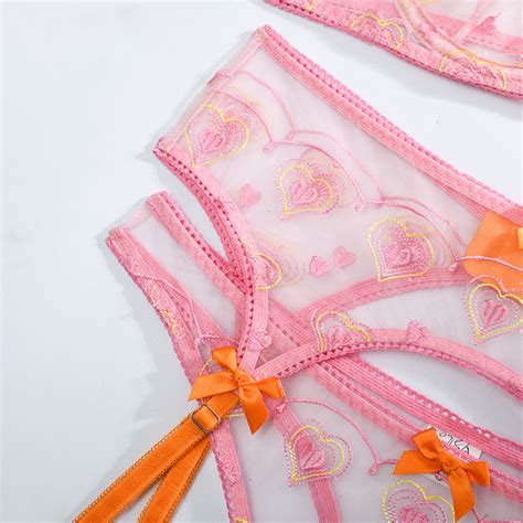 Sexy Mesh Heart Sculpted Bikini Garter Belt Sexy Lingerie Piece Set Lingerie Manufacturer