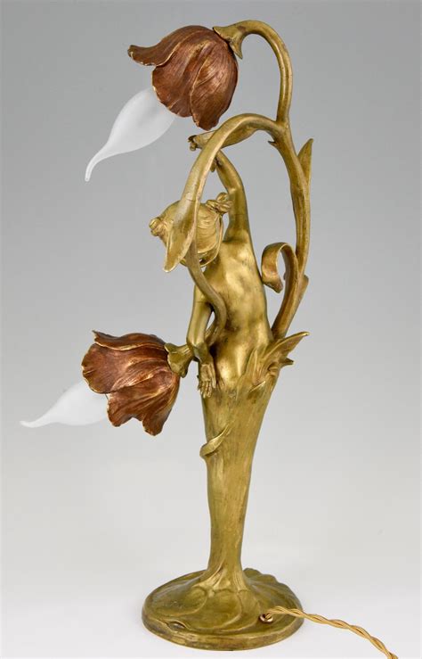Art Nouveau Bronze Lamp Nude Lady With Flowers Deconamic